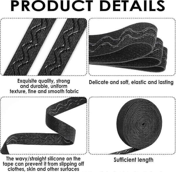 Svart silikon elastisk bånd for sying, 5,4 yards stretchstoffstropper med sklisikkert grep
