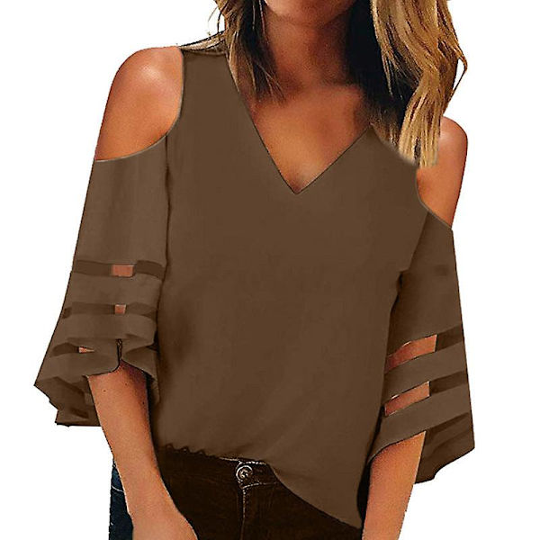 T-shirt dam sommartoppar 2022 v-ringad off-the-shoulder avskurna mesh