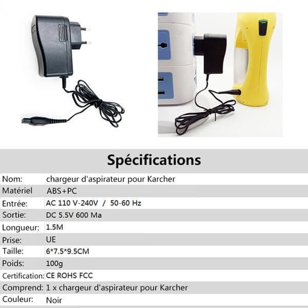 Erstatning Kärcher 5.5v 600mA AC-adapter / batterilader 1.5m kabel for vindusvasker