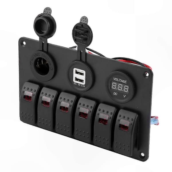 6-veis LED-vippebryterpanel med doble USB-porter og voltmeter for biler og båter utgave 0909 5 5