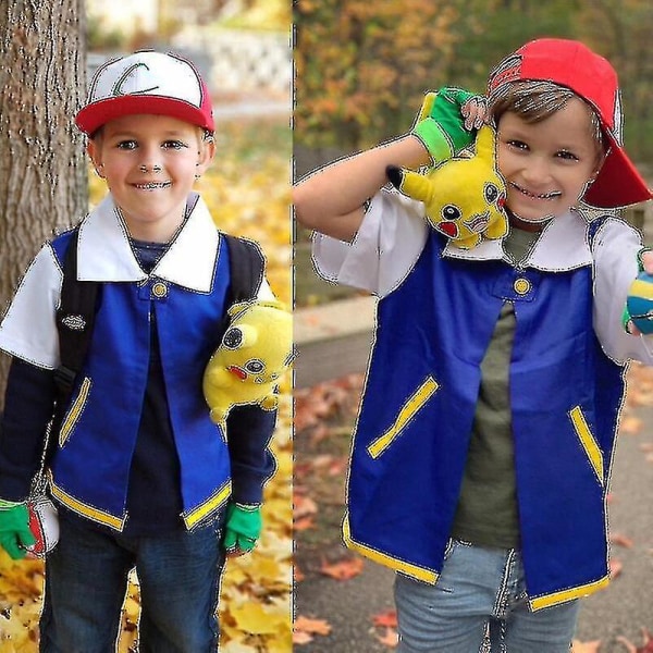 Menn Anime Blå Jakke Kostyme Gutter Jenter Ash Ketchum Cosplay Til Halloween Fest Kvinner Trener Cap og Hansker Set-r