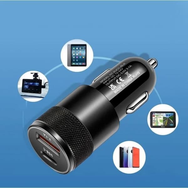USB Typ-C Billaddare - RoHS-kompatibel - Dubbla portar - Universal - Svart