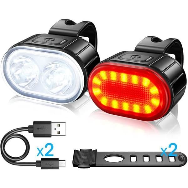 USB genopladelig LED cykellygte - vandtæt - for og bag - dobbeltperle forlygter