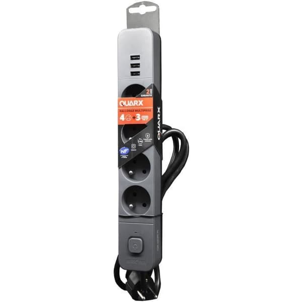 Eldosa - QUARX - 4 stikkontakter - Med 3 USB-porte, 3m kabel