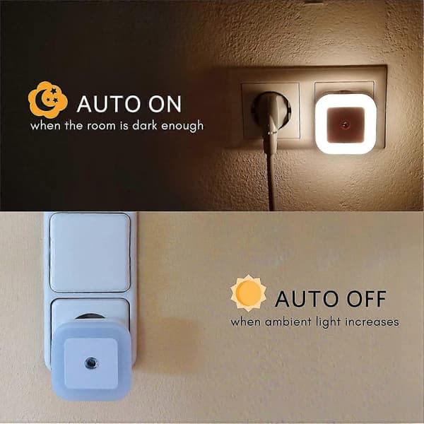 4 stk. LED automatisk natlys, natlys med natlyssensor, LED justerbart lys, LED statisk stik
