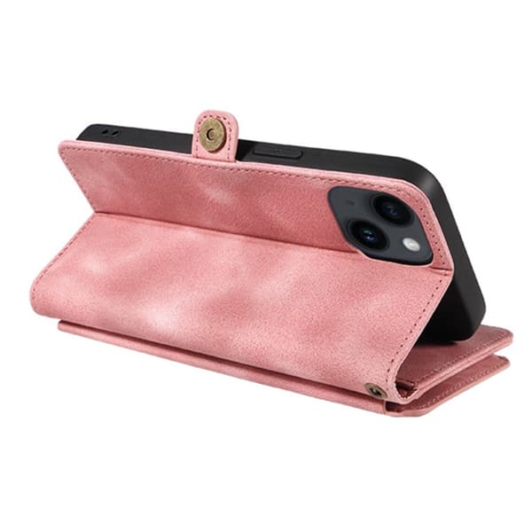 iPhone 15 Plus Deksel RFID Multifunksjonell Multi-Kort Rosa