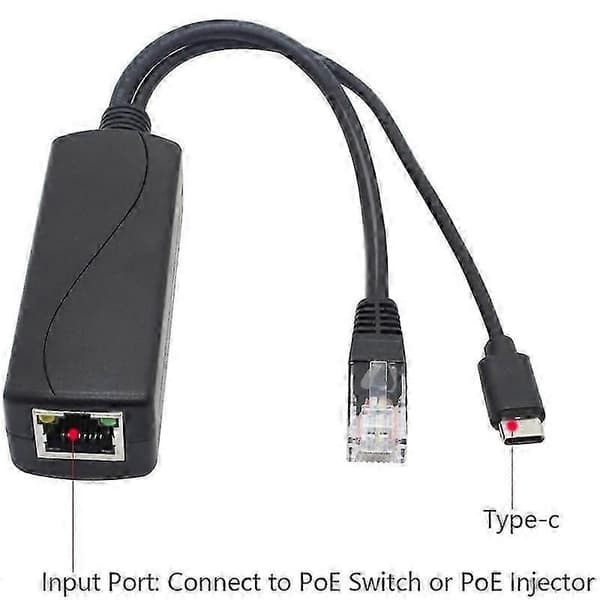 2-pack 5V Gigabit PoE-splitter, USB typ C, 48V till 5V 2.4A-adapter, IEEE 802.3Af-kompatibel Black