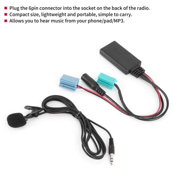 6-bens Bluetooth-lydkabel, AUX-IN stereo biladapter med mikrofon, egnet til Clio/Espace/Megane