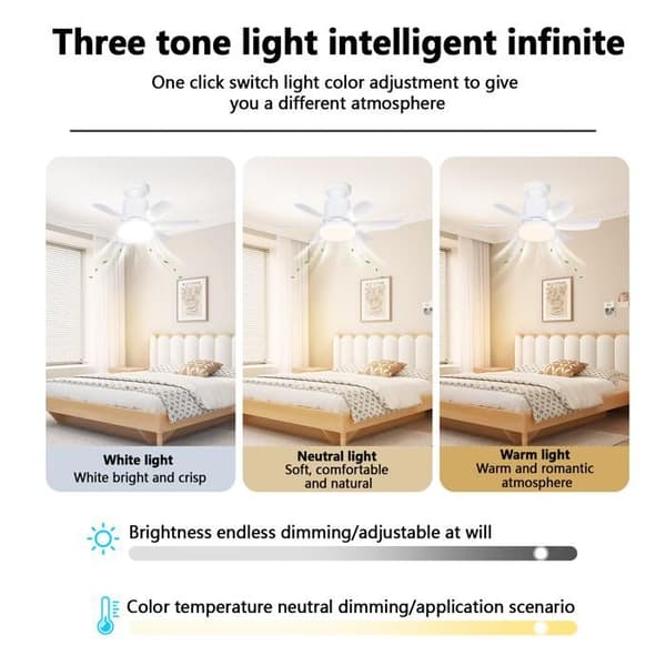 LED Loftventilator med Lys E27 - 47 cm - 30W, 2400lm, 3 Hastigheder, 3 Farver - Timer - Stille - Til Soveværelse, Stue