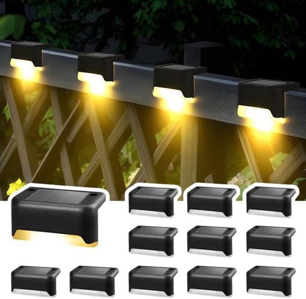 Udendørs solcellelamper, sæt med 12, vandtætte LED-lys til trapper, hegn, have, terrasse (sort, varm hvid)
