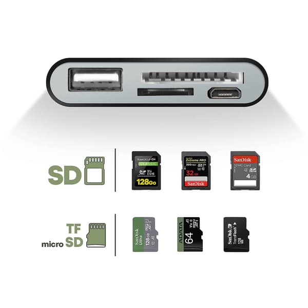 USB-C til USB og mikro USB-adapter, SD- og mikro SD-kortlæser Black