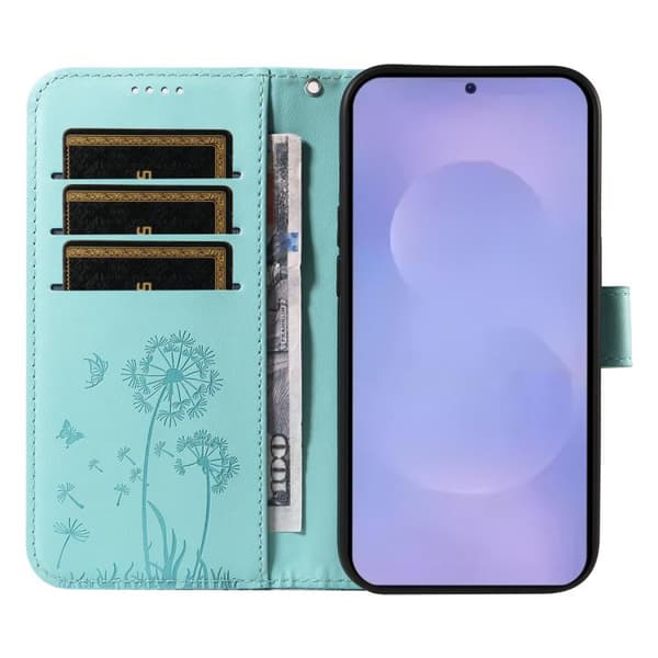 Samsung Galaxy S26 5G Case with Dandelion Embossing - Leather Flip Case Grön