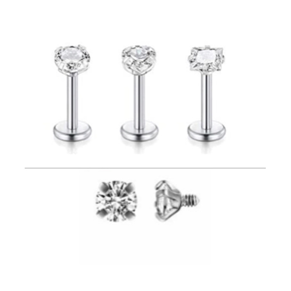 3 st Labret med sten, Kirurgiskt stål. Längd:8mm