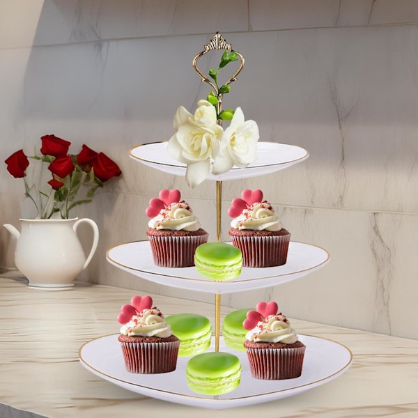 3-vånings Cupcake-ställ, Våningsfat för tårta, Cupcake-ställ för bröllopsdessert, Serveringsfat för godsaker, Våningsserveringsbricka, Tårthållare White
