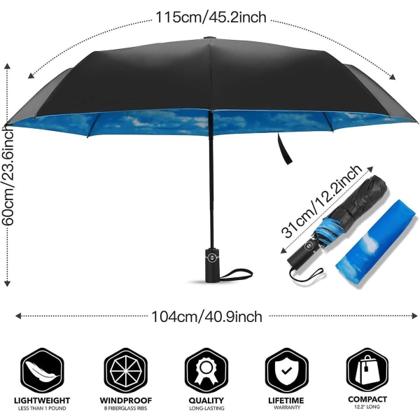 Taitettava sateenvarjo Kompakti sateenvarjo Tuulenpitävä Kevyt Teflon-pinnoitettu Vahvistettu terä Automaattinen matkasateenvarjo - Taivas