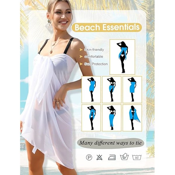 Strandslør til Kvinder Strand Coverups Chiffon Sarong Bikini Cover Up til Badetøj Langt Tørklæde Slør Halv Strand Pareoer til Sommer White