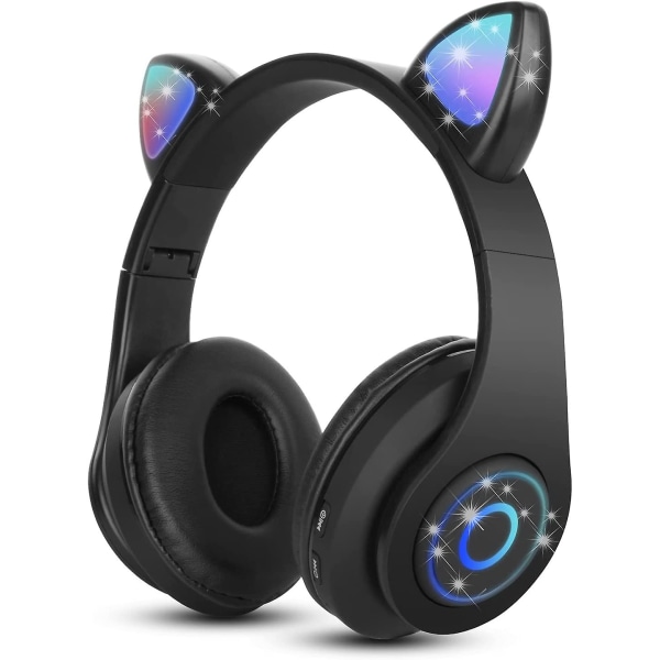 Wireless Bluetooth Headphones Foldable Stereo Audio Headphones Cat Ear Headset with Built-in Mic Kids Bluetooth Headset for Phones Tablet PC (Black)