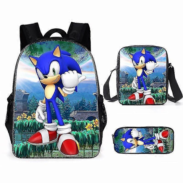 Sonic Grundskola Skolväska Tredelat Set Anime Tecknad Ryggsäck Axelväska Pennfodral hög kvalitet 4 backpack