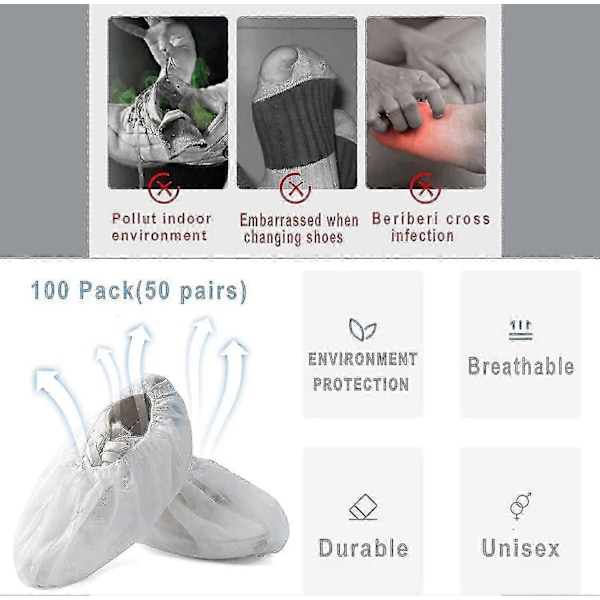 100-pack (50 par) Engångsskoskydd, Vita Resistenta Stövelöverdrag Halkfria Skoskydd för Inomhusbruk