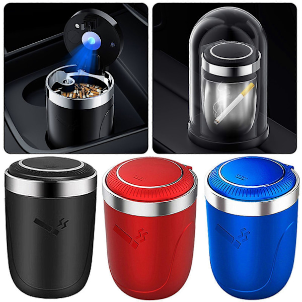 Bilaskkopp med Lock & Blått LED-ljus, Portabel Rökfri Rostfri Papperskorg, Biltillbehör, Passar De Flesta Bilmugghållare Blue Only Ashtray