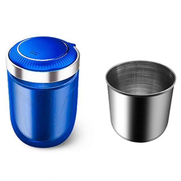 Bilaskebæger med låg og blåt LED-lys, bærbar røgfri skraldespand i rustfrit stål, biltilbehør, passer til de fleste kopholdere i biler Blue Only Ashtray