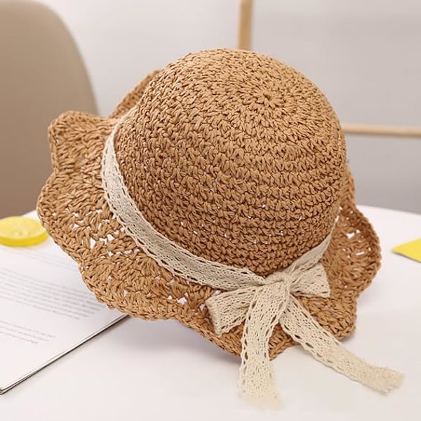 Baby Flickhatt i Halm Småbarn Sommar Solhatt med Rosett Vikbar Strand Solskyddshattar för 2-6 År Khaki