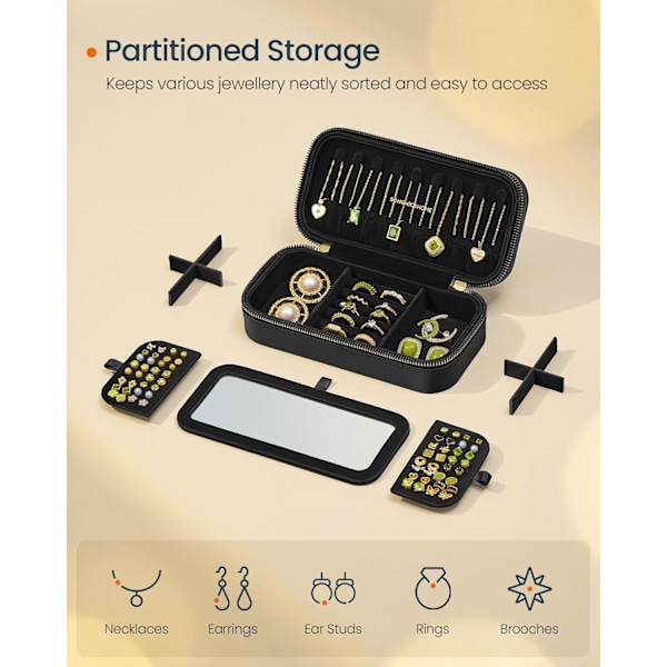 Resesmyckeskrin, Liten Smyckeskrin Organizer med Spegel, PU-yta med Sömmar, Portabel, Dragkedjor, Presentidé Black 20.5cm