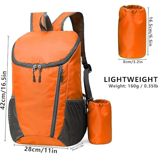 Kevyt kokoontaitettava reppu, pieni vaellusreppu, vedenpitävä pakattava reppu miehille naisille lapsille, kestävä reppu ulkoiluun ja matkustamiseen ORANGE
