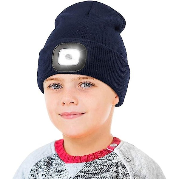 Mössa med barnlampa, USB-uppladdningsbar handsfree LED-pannlampa Vinterstickad nattlampa Mössa Ficklampa blu