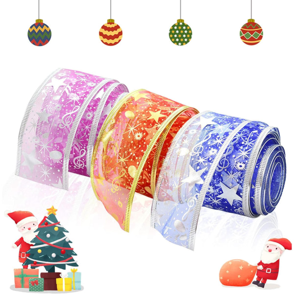 3 Rolls Christmas Organza satiininauha joulukuusentähdellä