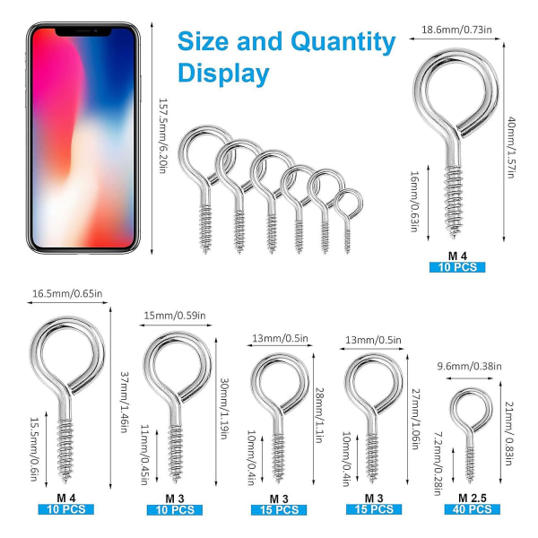 (Sølv) 100 stk. Skrueløjer, Små Øjer, Øjebolte, Metalringkroge Skru-i M4 x 40mm, M4 x 37mm, M3 x 30mm, M3 x 28mm, M3 x 27mm, M2 .5 x 2