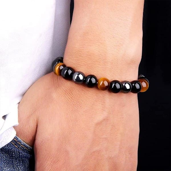 Natural Stones Triple Protection Bracelet, 10mm Tiger Eye, Hematite & Black Obsidian, Healing Crystals For Inner Strength, E
