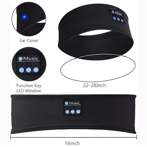 Trådlöst Bluetooth Elastiskt Pannband Bekväm Sovmask Hörlurar Headset För Musik Fitness Sport Black