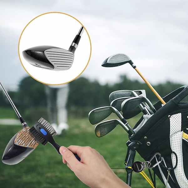 1 golf-harjan sarja, jossa golf-kangas ja urapuhdistin magneettisella avainrenkaalla, suurikokoinen golf-harjapää ja erittäin pitävä sisäänvedettävä kärki, Com