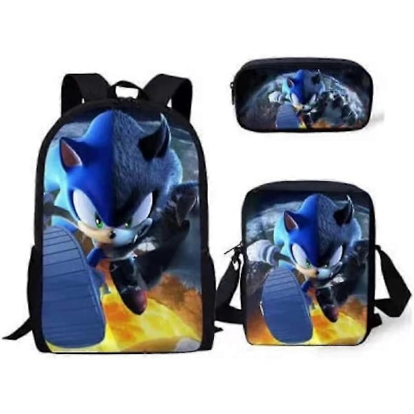 Sonic Grundskola Skolväska Tredelat Set Anime Tecknad Ryggsäck Axelväska Pennfodral hög kvalitet R Shoulder bag