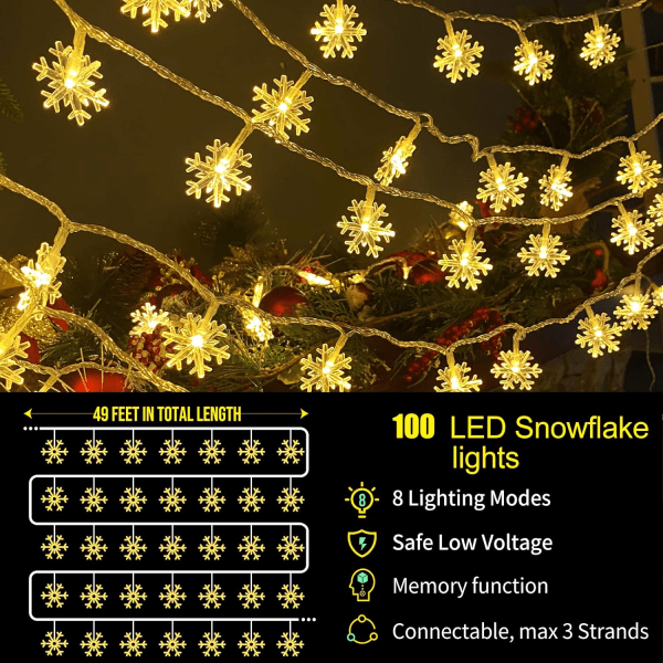 80 LED Christmas Snowflake String Lights, 32 fod indendørs