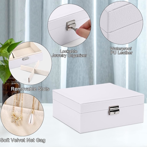 2-lagers Stor Smyckeskrin med 2 Klockkuddar, PU-läder, Rese-smyckeskrin för Örhängen Ringar Halsband Klockor Armband, Grå White