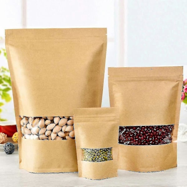 100 stk. Kraftposer med vindu, stående Ziplock-forsegling, papirpose, gjenlukkbar stor matoppbevaringspose 9*14cm
