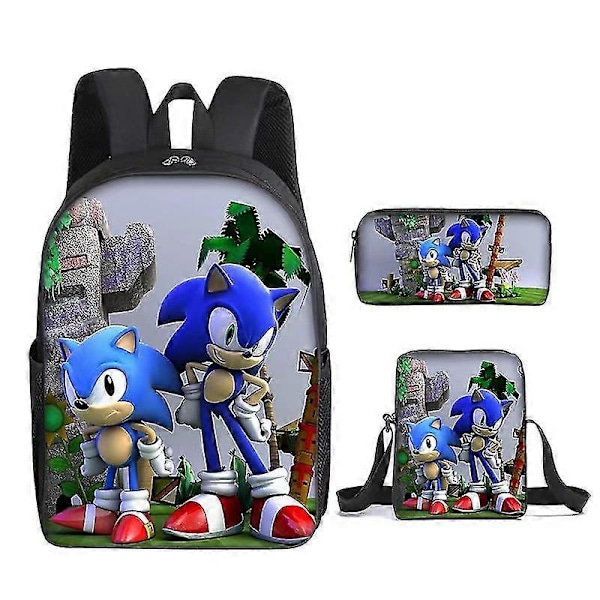 Sonic Grundskola Skolväska Tredelat Set Anime Tecknad Ryggsäck Axelväska Pennfodral hög kvalitet 9 backpack