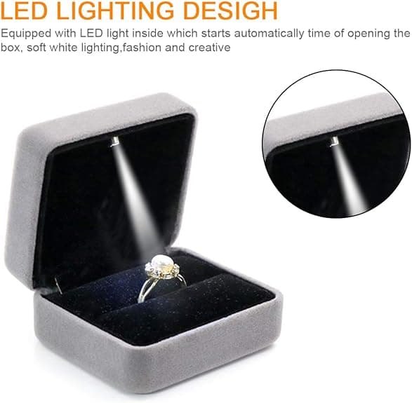 Sammet Ringbox med LED-ljus Smyckesdisplay Presentförpackning för Frieri, Förlovning, Bröllop Grey