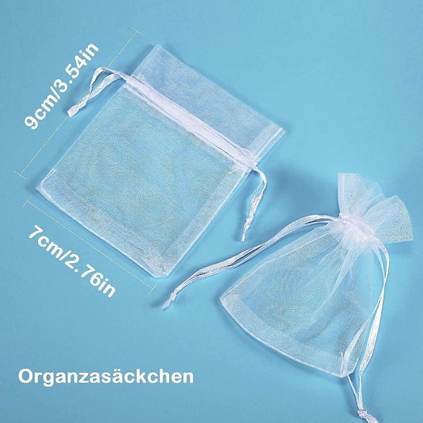 Pakke med 50 hvite organzaposer, 7 x 9 cm, organza gaveposer, smykkeposer, bryllupsposer, lavendelposer, bryllupsgave