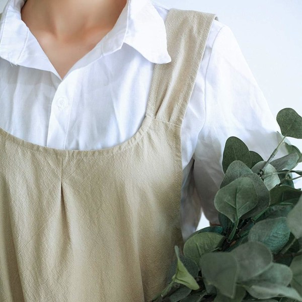 Cross Back Linen Kitchen Aprons - Khaki for Women with Cute