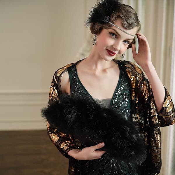 Fjer Vifte, Vintage Folde Vifte Flapper Hånd Vifte - Black