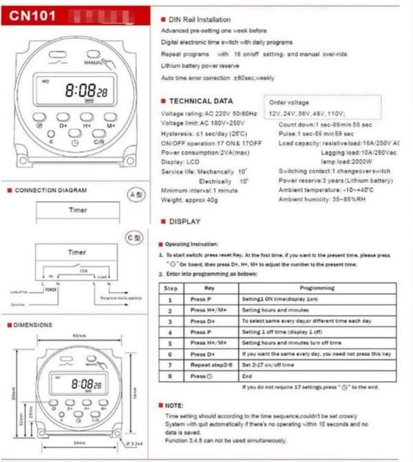12V Digital LCD Timerkontakt CN101A, Ugentligt Programmerbart Relæ, 1 minuts Intervalkontrol.