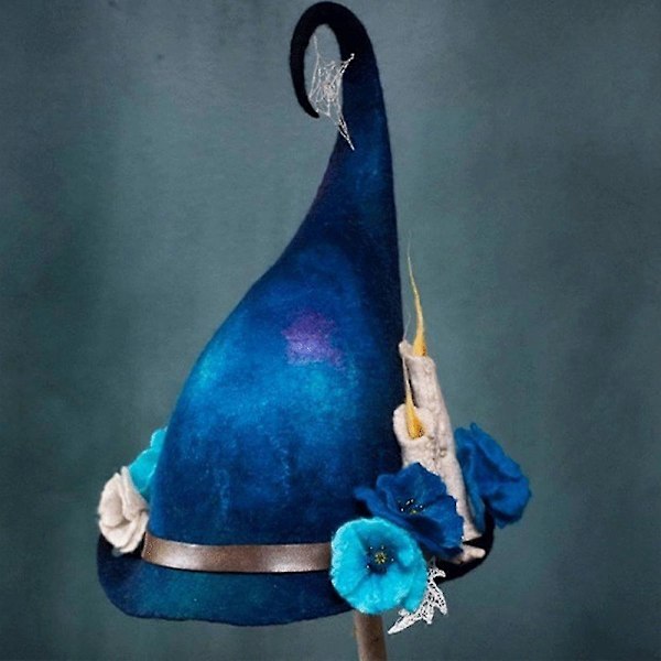 Heksehatt med blomsterranke i filt - Cosplay-rekvisitt for forestillinger Blue