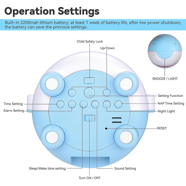 Barnealarmklokke*127.5*114*138.5MM, Barnepedagogisk morgenalarmklokke med 2200mAh oppladbar med 8 alarmer 3 lysstyrke 5 ringetoner