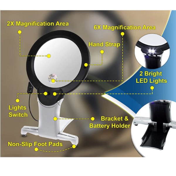Forstørrelsesglas til hals og bord 6X Forstørrelse, Håndfri Arm
