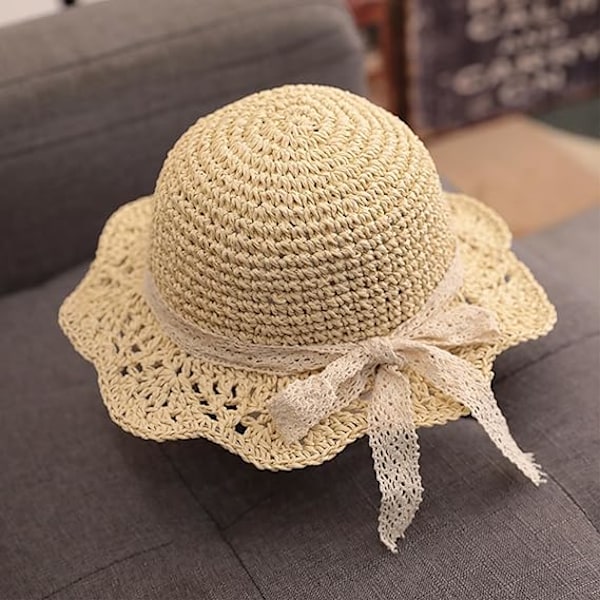 Baby Flickhatt i Halm Småbarn Sommar Solhatt med Rosett Vikbar Strand Solskyddshattar för 2-6 År Beige