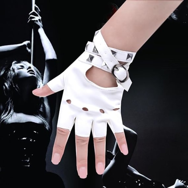 Women's PU Leather Punk Gloves (White) Half Finger Performance