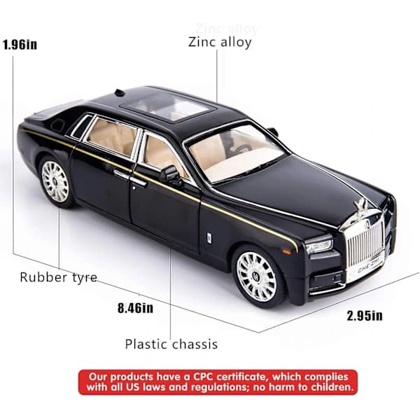 1/24 Rolls-Royce Phantom modelbil Zinklegering Træk Tilbage Legetøjsbil med lyd og lys Til børn Dreng Pige Gave (sv